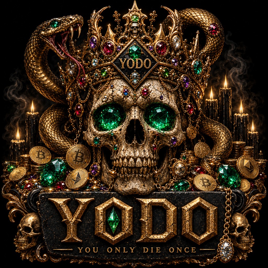 YODO crest: crowned skull, You Only Die Once